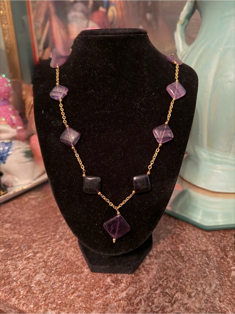 Gold Chain Necklace with Purple Gemstone Squares - Women Jewelry